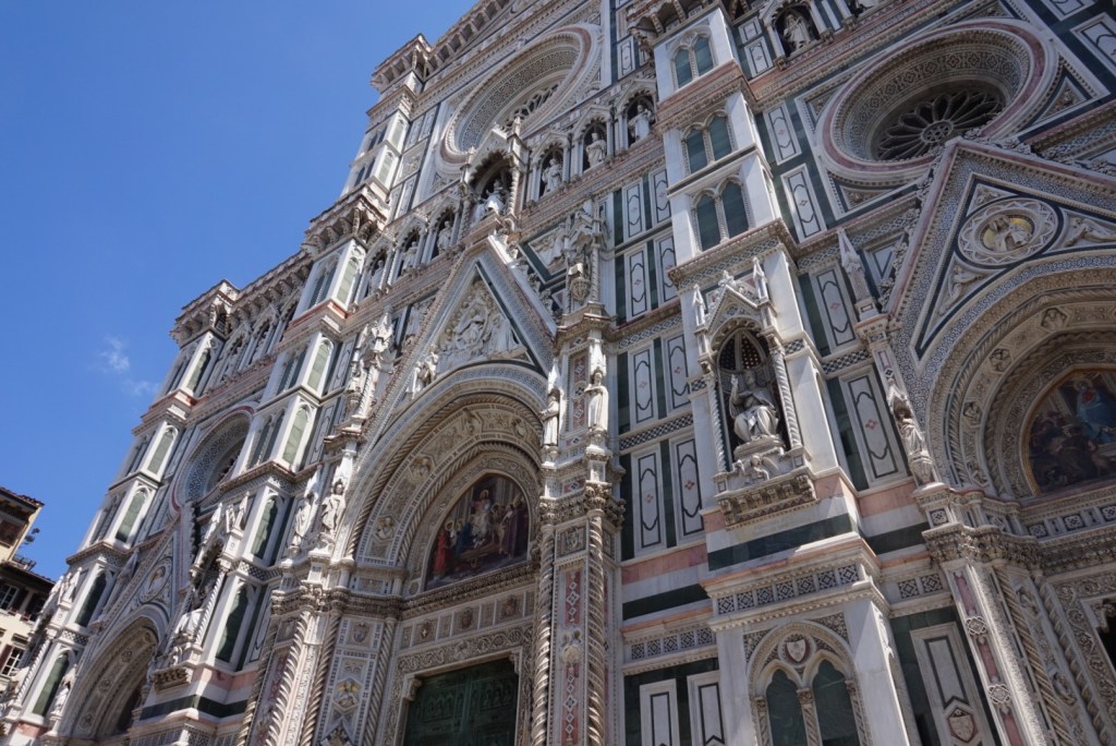 The polychrome marble front of Santa Maria del Fiore seen from below