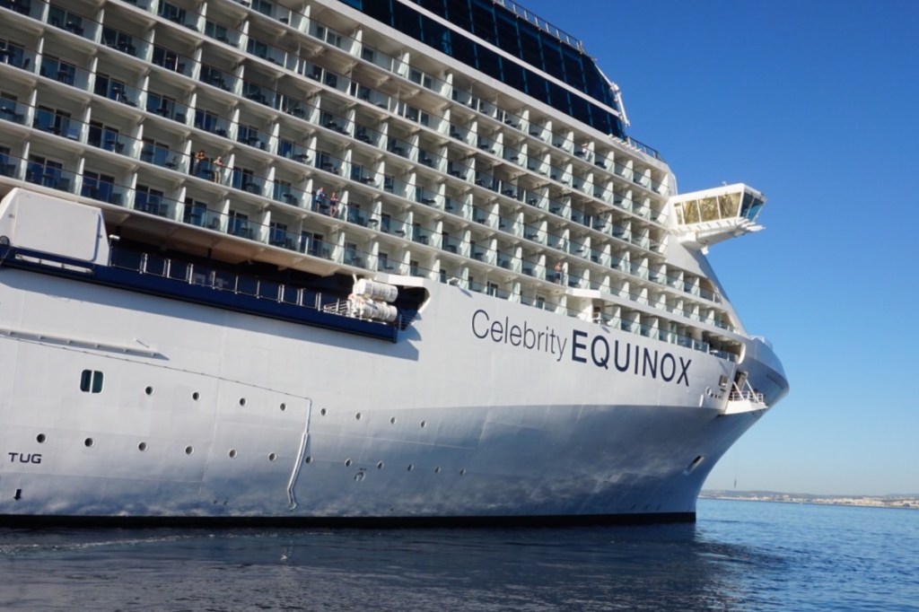 The Celebrity Equinox at anchor off Villefranche, seen low from the tender
