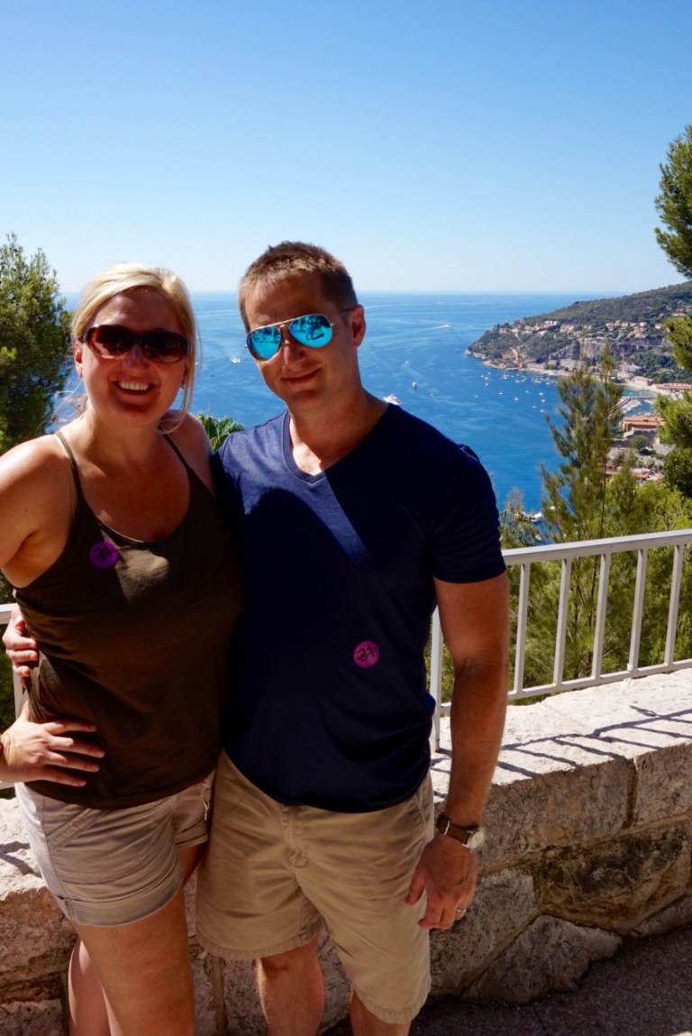 Chris and Jen on the Rock at Monaco, the coastline and the sea behind them