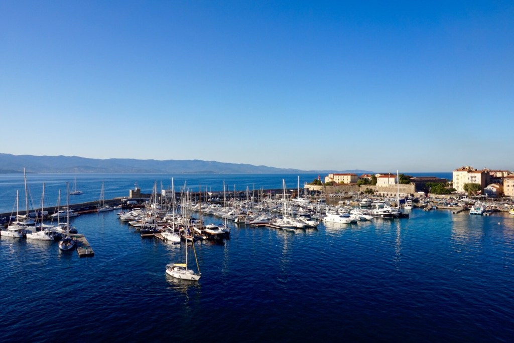 Ajaccio's marina from above, yachts moored in rows along the bay with the town behind