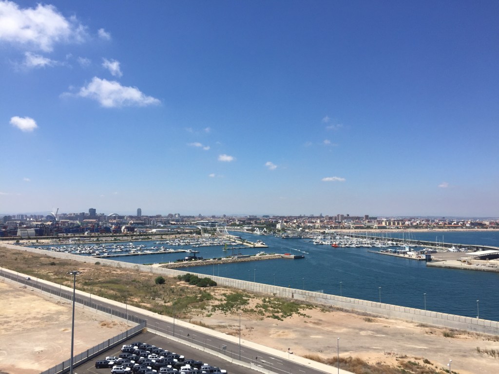 Valencia's port and marina seen from the ship, the city skyline behind