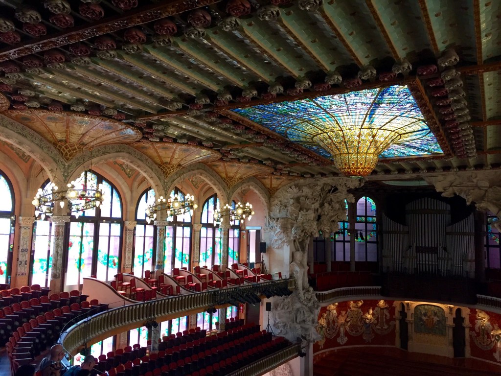 Inside the Palau de la Musica, the stained-glass skylight above the hall and organ