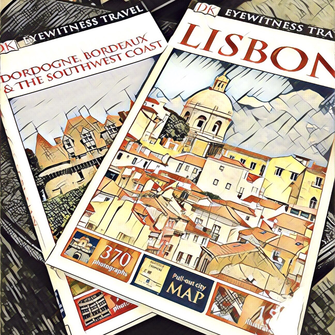 An illustrated pictorial map of Lisbon on a guidebook cover