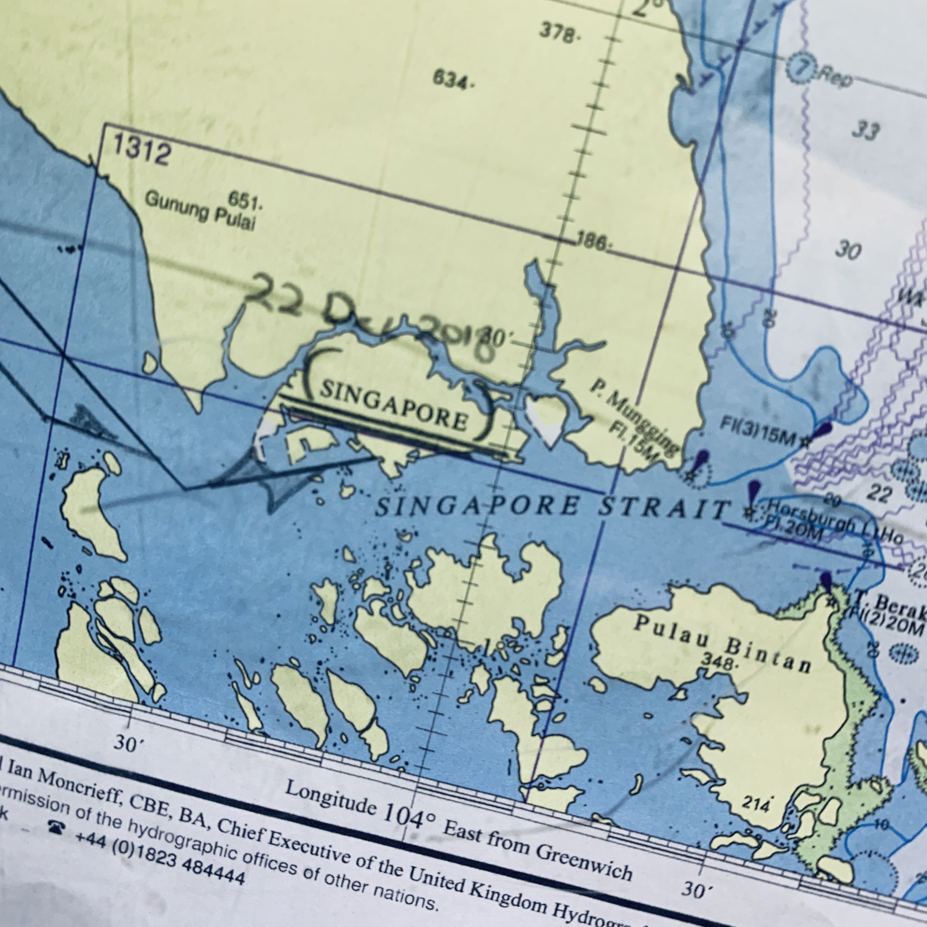 The printed chart of the Malacca Strait, Thailand down to Singapore, marking the ship's course