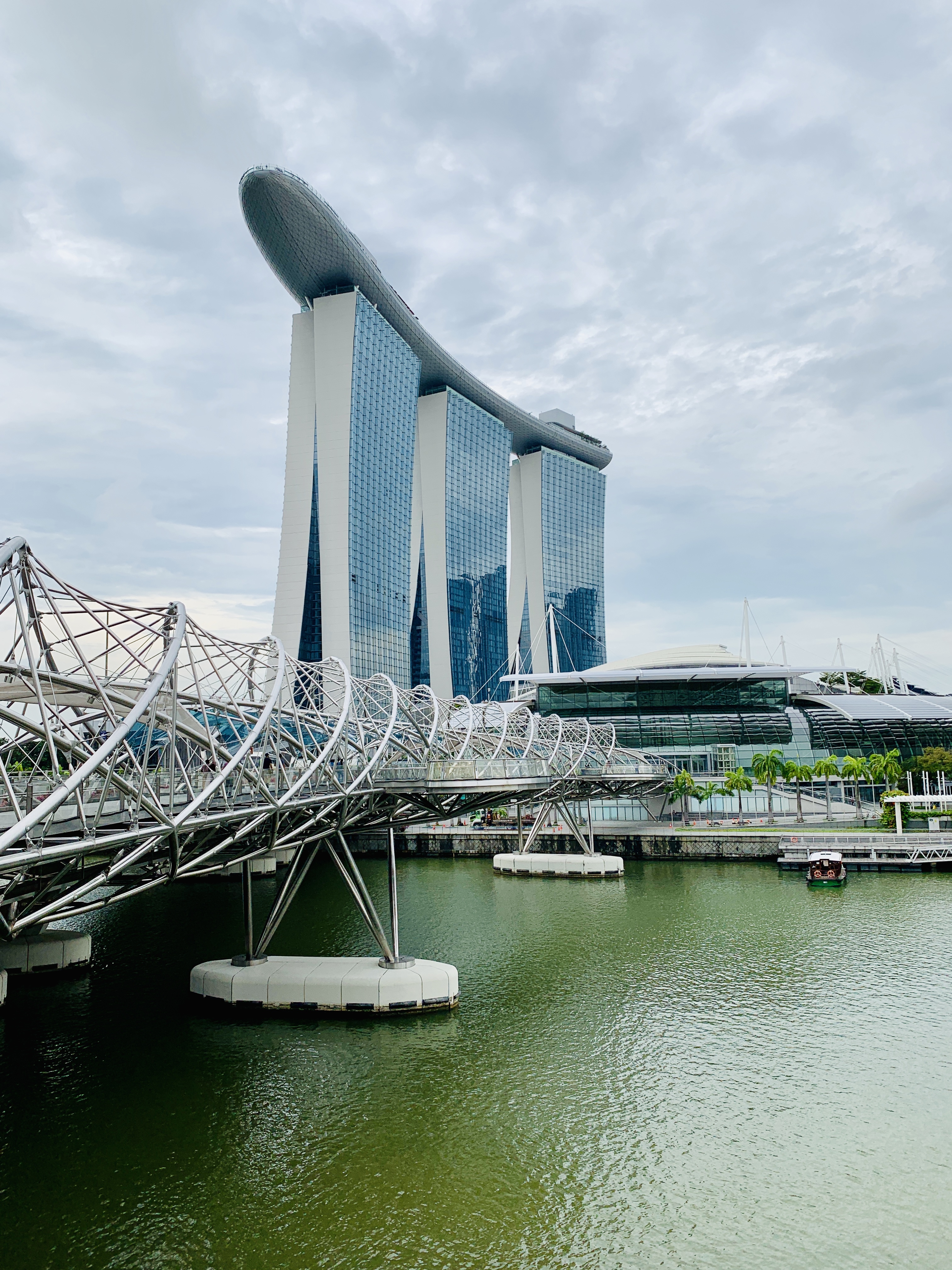 The three towers of Marina Bay Sands and the curving Helix Bridge, from across Marina Bay