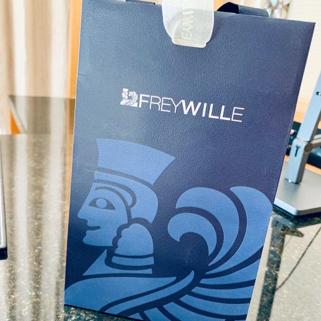 A FreyWille shop display, its blue wave motif in the window