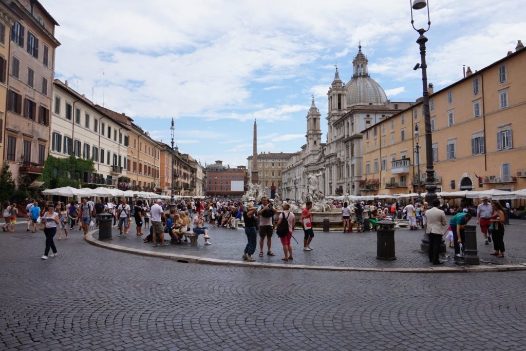 Piazza Navona looking down the long oval, the church of Sant'Agnese in Agone and the obelisk beyond