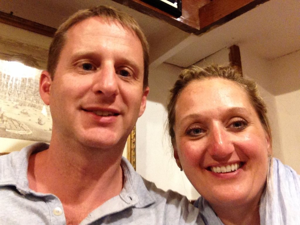 Chris and Jen indoors at the end of the day, both sunburnt
