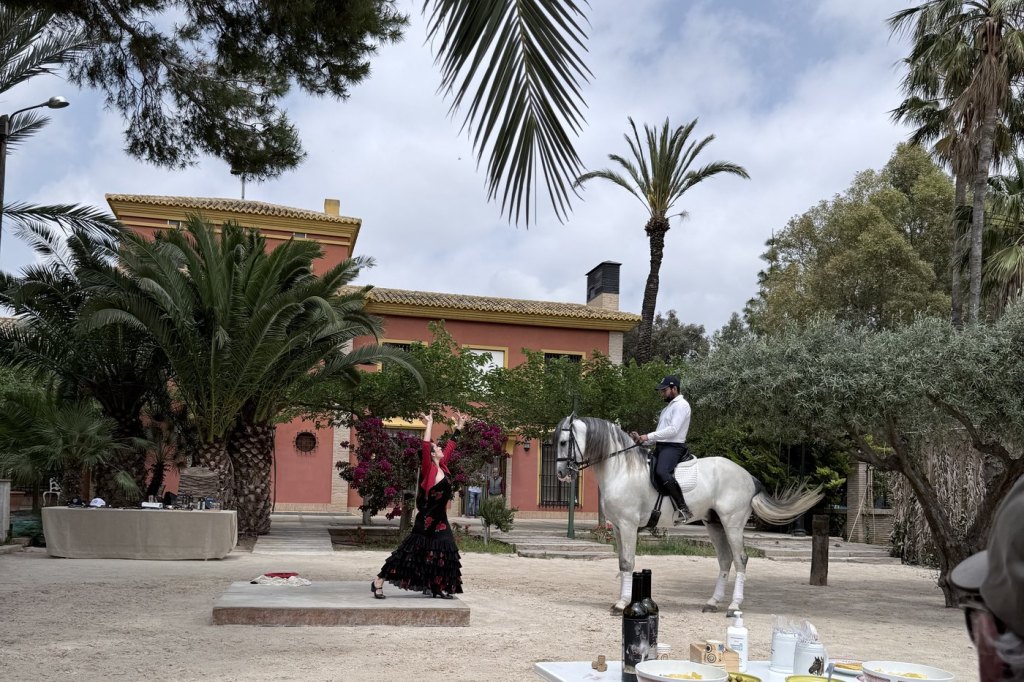 A flamenco dancer in a black ruffled dress performs beside a white Andalusian horse in a sunlit courtyard, with a tapas table in the foreground.