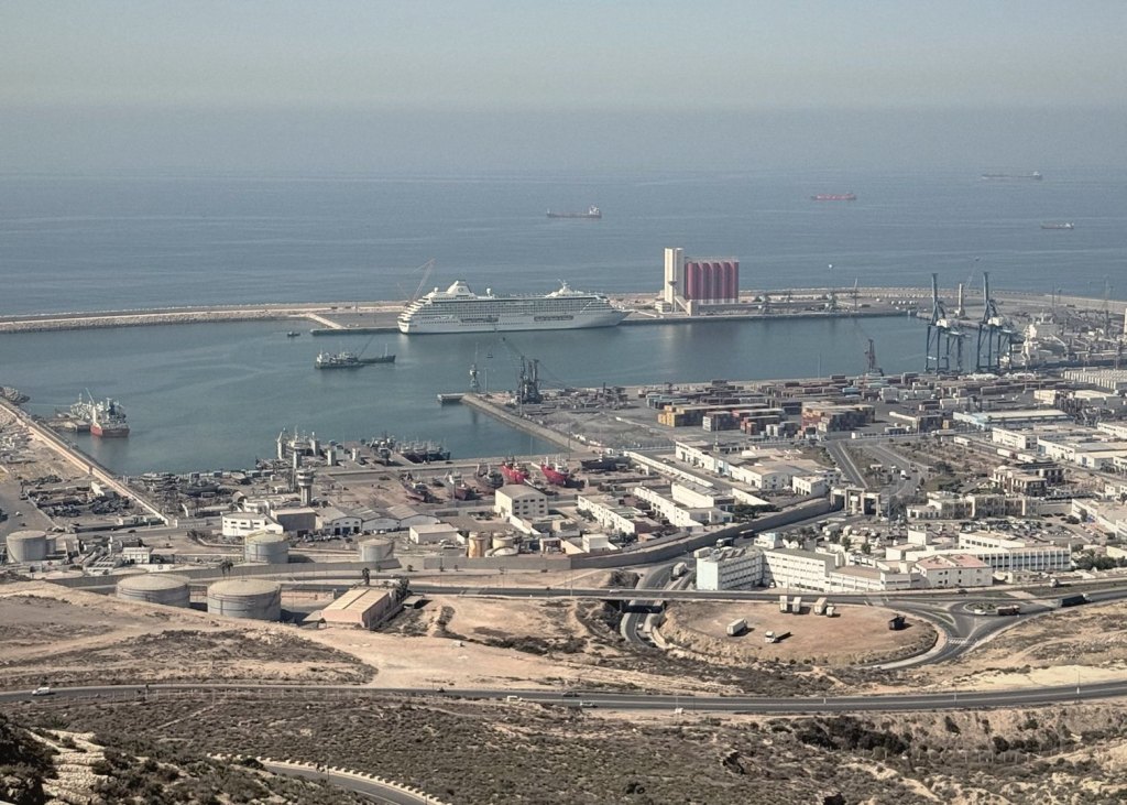 Looking down from the hill onto Agadir's port: the Crystal Serenity alongside the breakwater, red silos, container cranes and the fishing harbour, with ships waiting out at sea