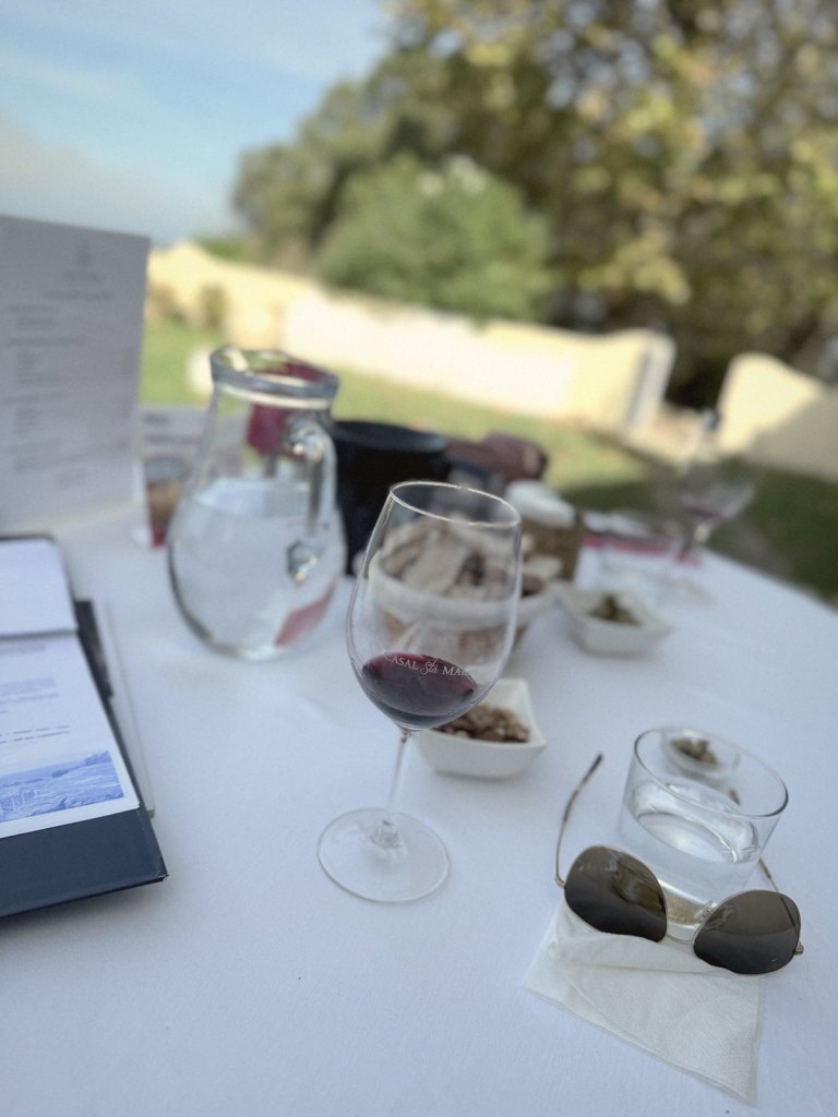 A glass of red wine on a white tablecloth beside a jug of iced water, a basket of bread and small dishes of olives and walnuts