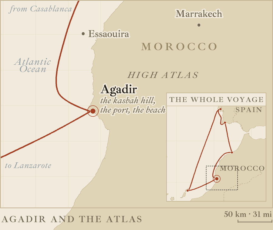 Map of southern Morocco's Atlantic coast showing the ship's route from Casablanca into Agadir and on towards Lanzarote, with Essaouira, Marrakech and the High Atlas marked, and a small inset of the whole round trip from Lisbon