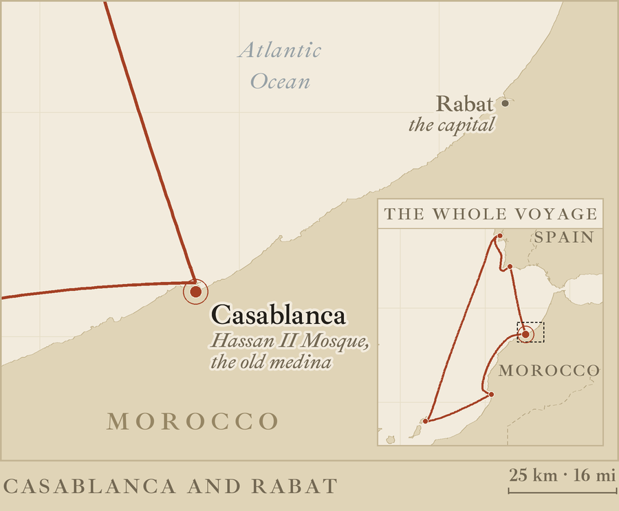 Map of the Moroccan Atlantic coast showing the ship's route into Casablanca from the north and on towards Agadir, Rabat about ninety kilometres up the coast, and an inset of the whole voyage from Lisbon to Morocco and Lanzarote