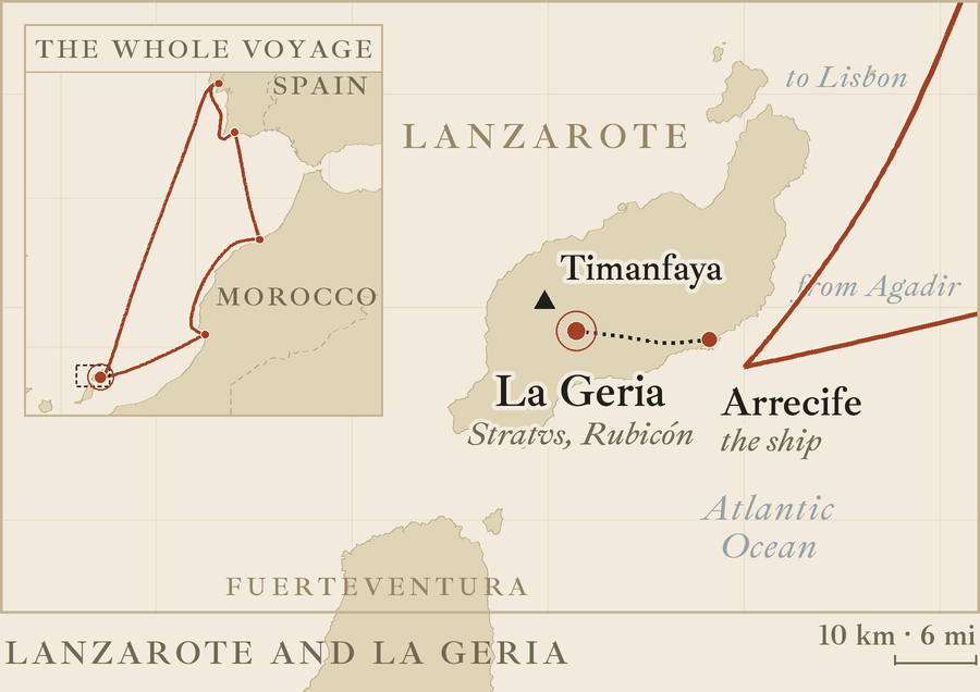Map of Lanzarote showing Arrecife, where the ship docked, and the La Geria wine area inland near Timanfaya, with an inset of the whole voyage from Lisbon to the Canaries.