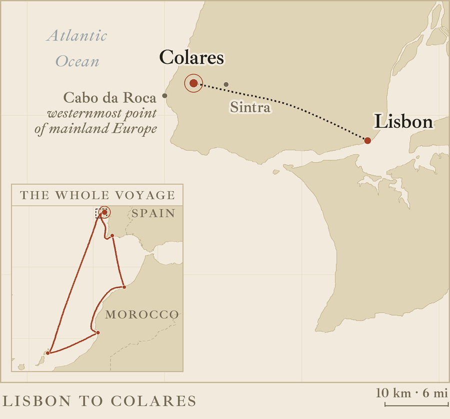 Map of the coast west of Lisbon showing the drive from Lisbon to Colares past Sintra, Cabo da Roca at the westernmost point of mainland Europe, and an inset of the whole voyage to Morocco and Lanzarote
