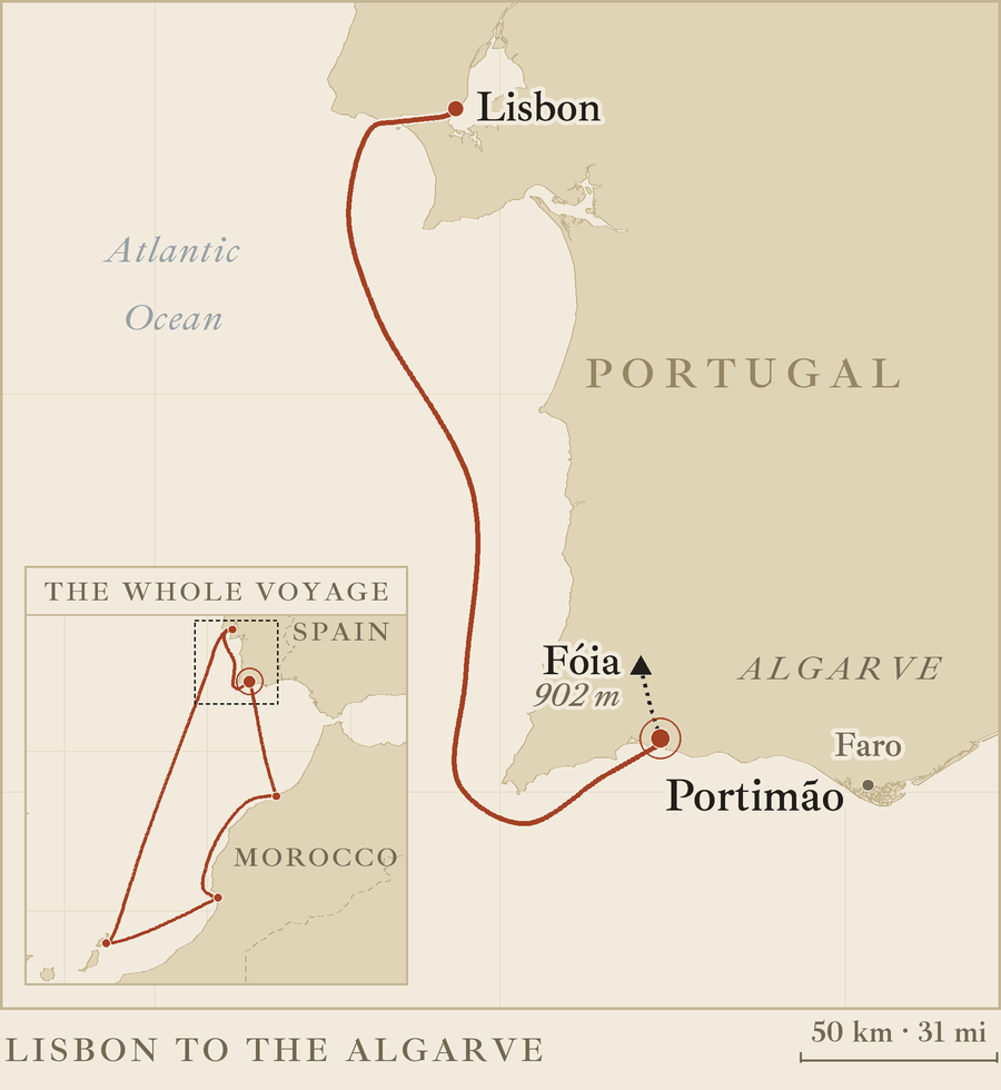 Map of southern Portugal showing the ship's route from Lisbon down the Atlantic coast to Portimão, a dotted line inland to Fóia at 902 metres, and an inset of the whole voyage to Morocco and Lanzarote